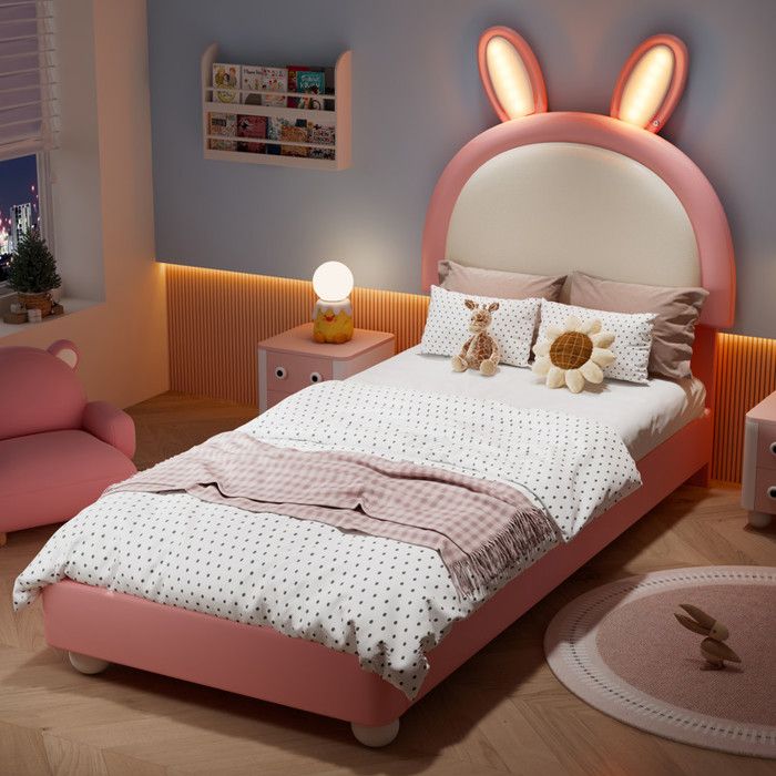 Bladez - Lit rembourré 90x200 cm lit enfant lit simple avec tête de lit lapin LED et bord anti-choc PU pour fille - rose et blanc