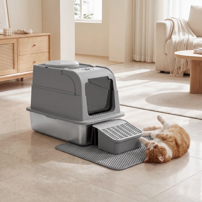 Bac à litière pour Chat Acier Inoxydable 2 Entrées avec Pelle et Brosse pour Intérieur Gris Tourterelle