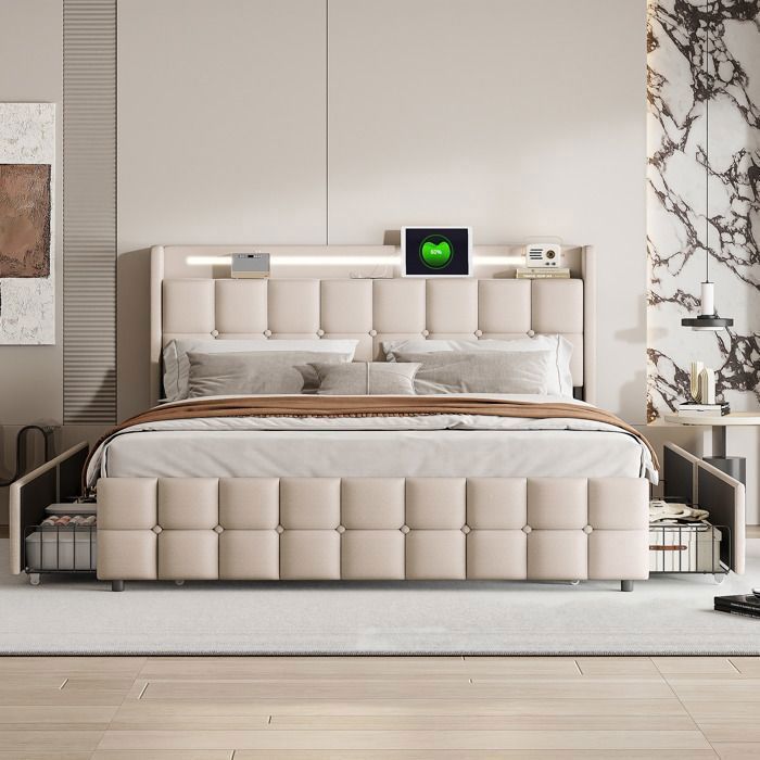 Lit 2 places 160x200 lin beige capitonné 4 tiroirs rangement USB charge tête LED sommier latté sans matelas