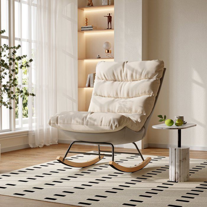 Fauteuil à Bascule - Confort Supérieur - Lin et Tissu Technique - Design Ergonomique Moderne - pieds en bois - 1 Place - Beige/Gris