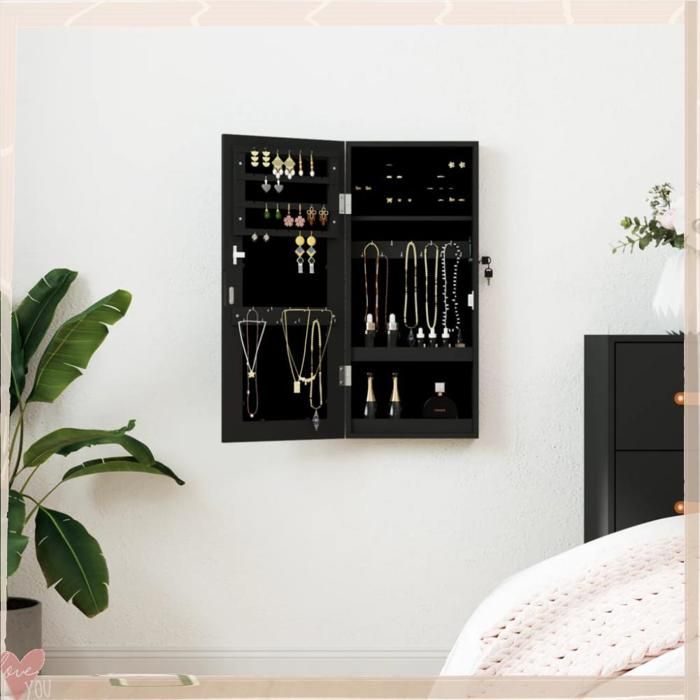 Armoire à bijoux murale avec miroir - VINGVO - 353209 - Noir - Bois dingénierie 30x85x67 cm - Porte verrouillable 2 clés