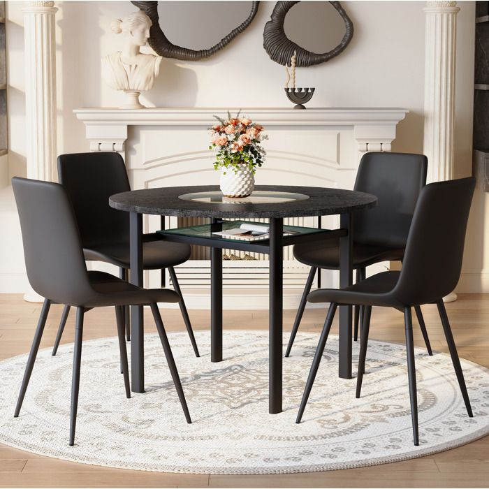 Ensemble table à manger ronde 100 cm avec 4 chaises PU noires plateau MDF effet bois noir et verre