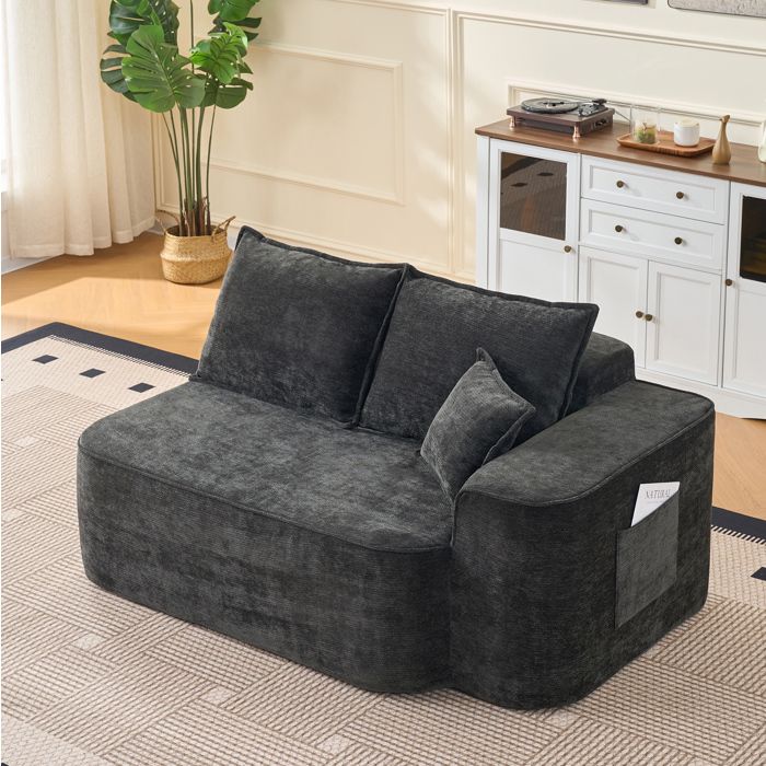 WOVREO canapé 2 places en chenille noire sans montage avec poches latérales et coussins