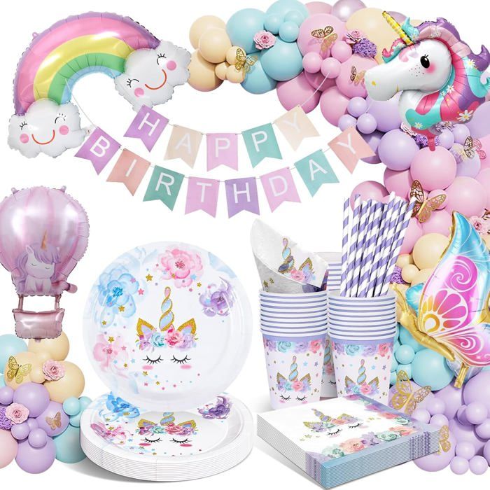 Kit décoration anniversaire licorne 16 invités - assiettes nappe serviettes gobelets pailles et ballon pour fête enfant