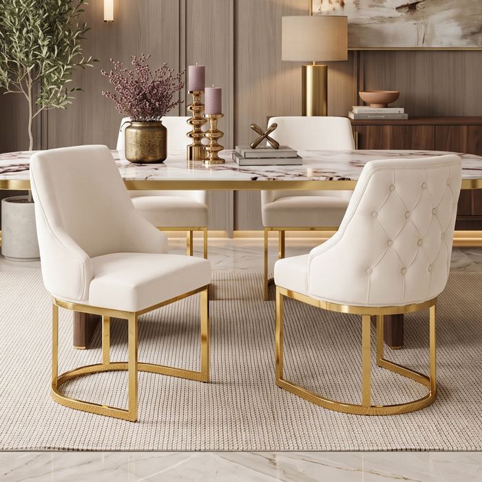 Lot de 4 Chaises de Salle à Manger en Velours avec accoudoirs et dossier haut - MODENVIE - pieds métalliques dorés Beige et Or