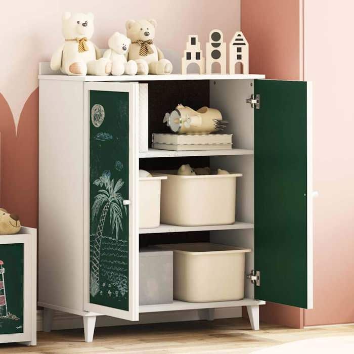 Blanc Commode Salon CHIC Cabinet avec deux portes et façade en tableau noir ROROS Blanc 80x40x110 cm N17307