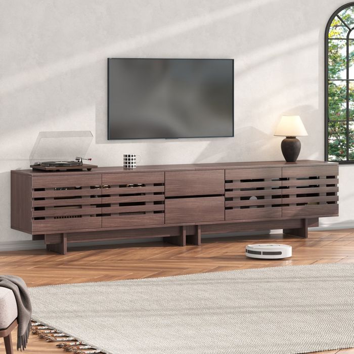 Meuble TV - SOGEU - TV Schrank - 200 x 39 5 x 55 cm - Finition noyer - 4 portes 2 tiroirs