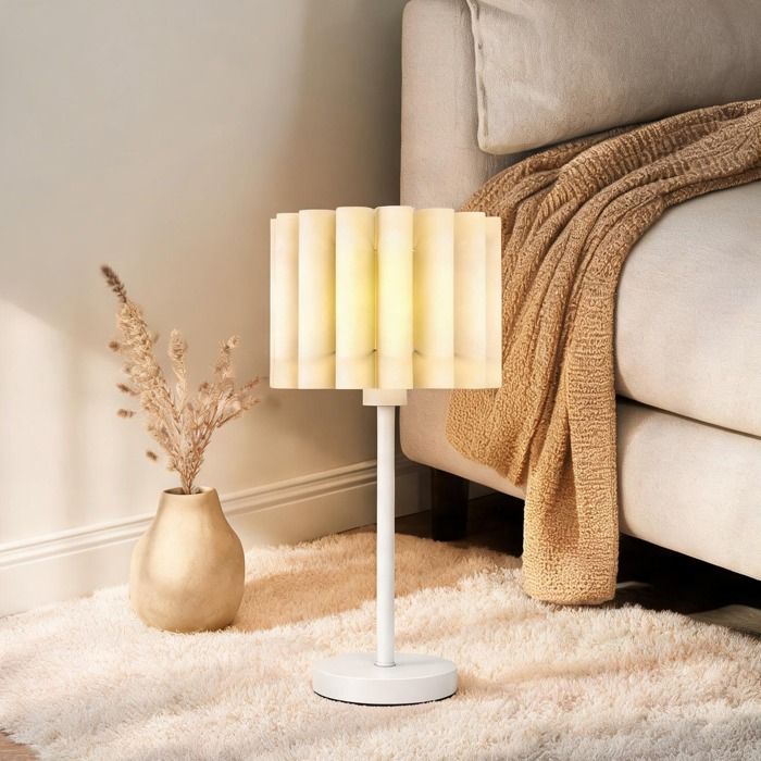 Lampe de chevet en plastique blanc classique design ondulé douille E27 L. 25 cm H. 48 5 cm