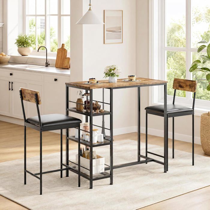Ensemble table haute 3 pièces table de bar + 2 chaises avec étagère 3 niveaux style industriel Marron