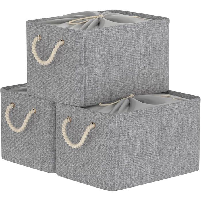 Lot de 3 Panier Rangement Gris Boîte de Rangement 33x23x20cm Boite Rangement Tissu Cordon de Serrage Caisse en Gris