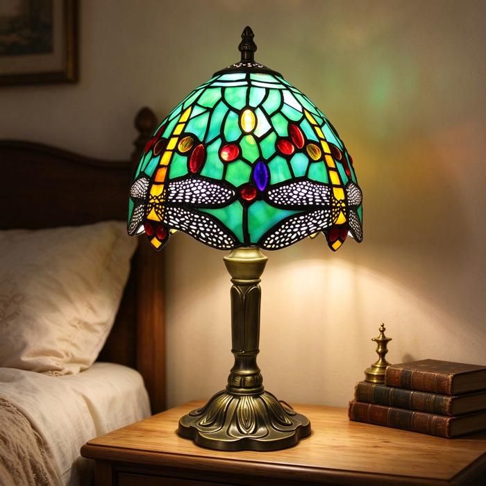 Lampe de Table Tiffany 20 cm - Abat-jour Vitrail Libellule Fleur Style Rétro - Lampe de Chevet Baroque Fait Main - Douille E27