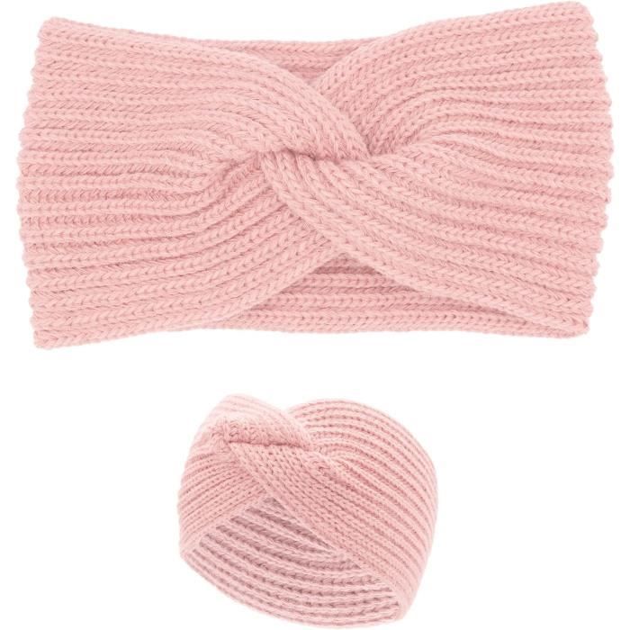 Bandeau hiver pour cheveux, forme large, headband, en laine rose