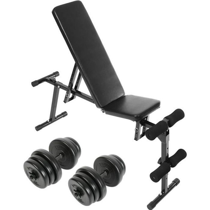 Physionics® Banc de Musculation + Set d'Haltères Courts 40kg - Inclinable, Réglable, Pliable - Banc d'Haltérophilie, Kit d'Haltères