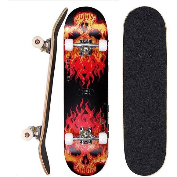 Skateboard 31 Pouces Pour Débutants – Érable 7 Couches, ABEC-7, Capacité 150 Kg, Roues PU Silencieuses, Pré-assemblé, Motif Crâne