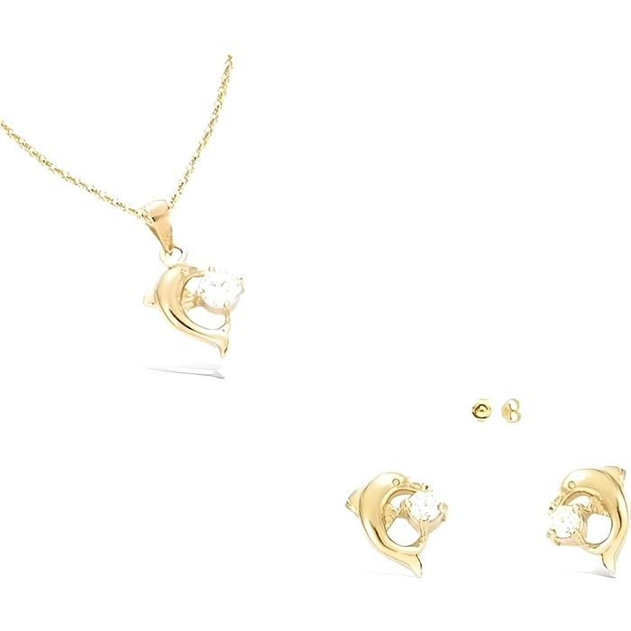 Parure Bijoux - Enfant/Femme - Dauphin - 4 Pièces - Plaqué Or Jaune 750/1000 - 5 Microns - Fabriquée en France