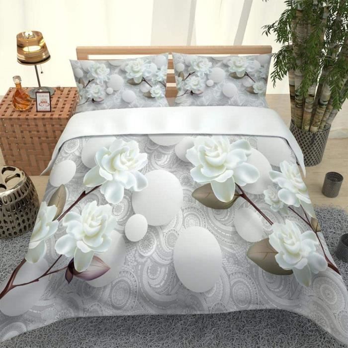 Housse De Couette Fleur Blanche en Relief 3D Housse Couette avec