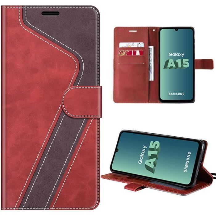 Coque pour Samsung Galaxy A15 4G 5G Protection Antichoc en Simili Cuir Rouge a Style Episse avec Fentes pour Cartes et Support