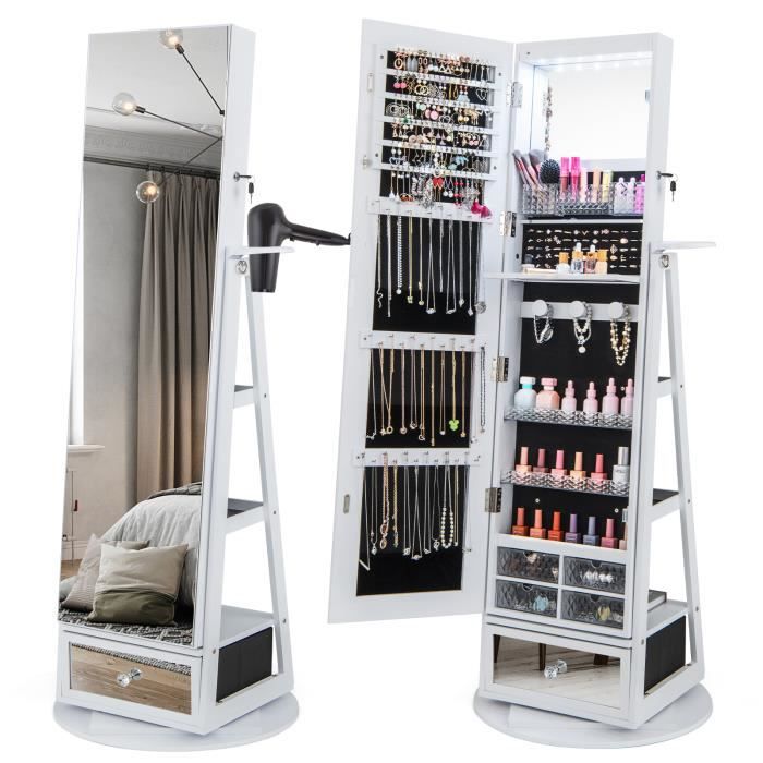 COSTWAY Armoire à Bijoux Pivotante à 360° - Miroir Pleine Longueur Lumières LED Etagère 3 Niveaux Porte Verrouillable - Blanc
