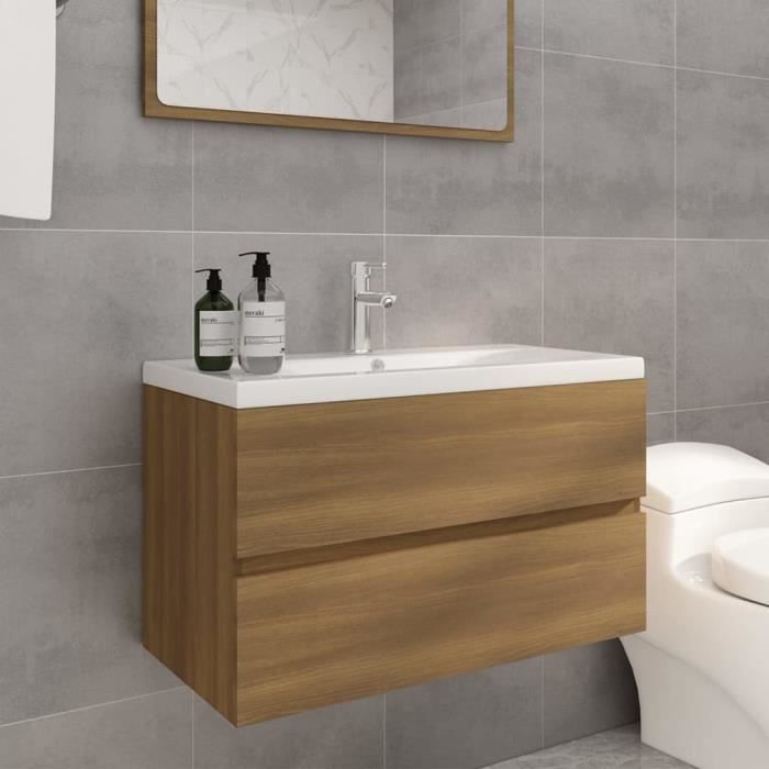 Meuble lavabo mural 60 cm avec vasque ovale blanche, plan en travertin, armoire en contreplaqué à 2 tiroirs, finition chêne blanc | Leroy Merlin