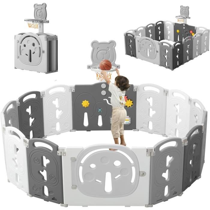 Parc Bébé 12+2 Panneaux Pliable, parc bebe modulable avec Panier de Basket, Parc pour enfants en Plastique, parcs XL 153×153cm, Gris
