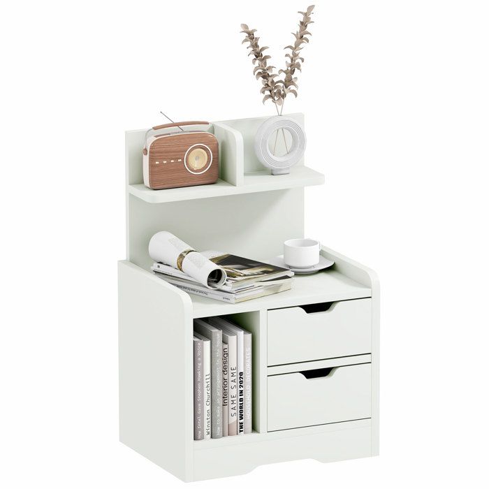 Table de chevet - HOMCOM - table de nuit multi-rangement 2 tiroirs niche étagère chambre - bois - blanc Table de chevet - HOMCOM - table de nuit multi-rangement 2 tiroirs niche étagère chambre - bois - blanc
