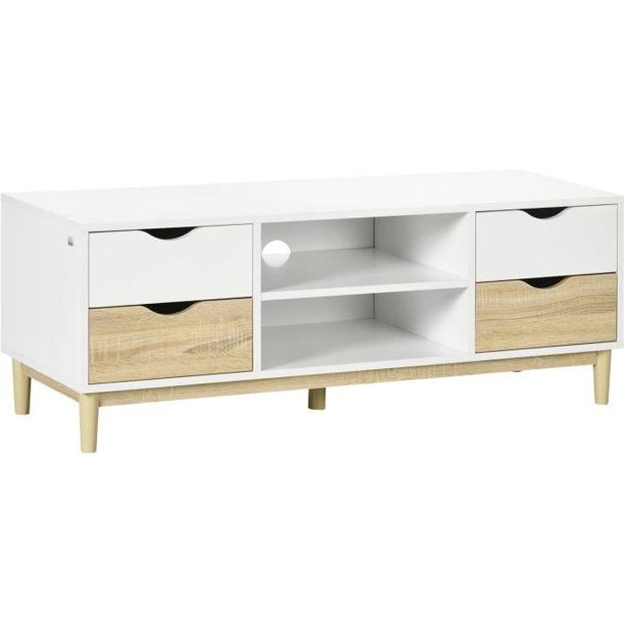 meuble tv style scandinave 4 tiroirs 2 niches blanc aspect chêne clair 120x40x44cm - homcom