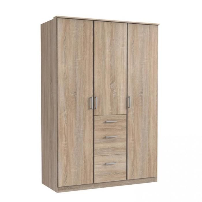 Armoire LAVAL décor chêne 3 portes 3 tiroirs 2 tringles natural Bois