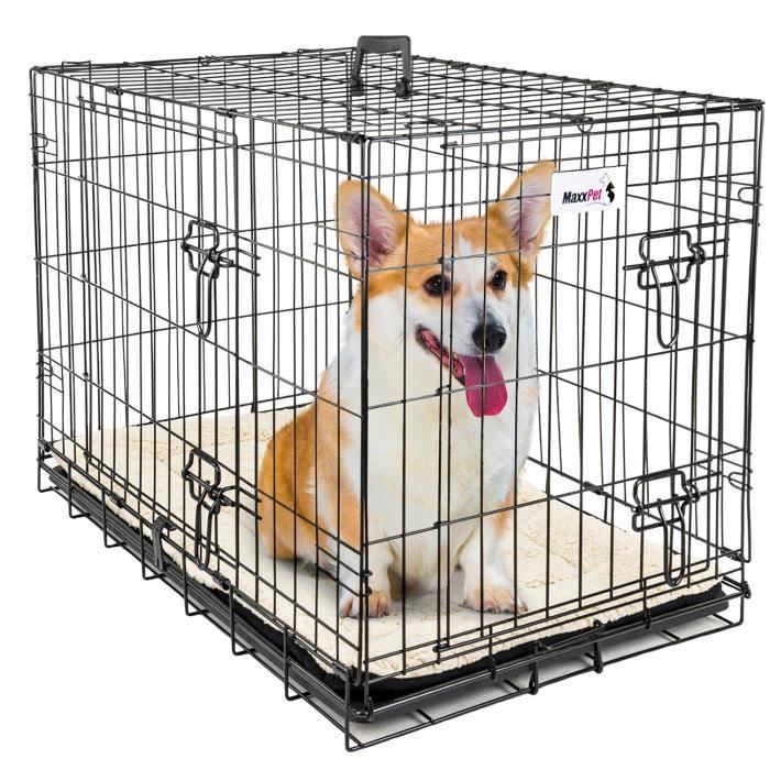 maxxpet cage pour chien 91x57x64 cm - avec coussin - avec poignée - caisse de transport pliante - 2 portes - noir