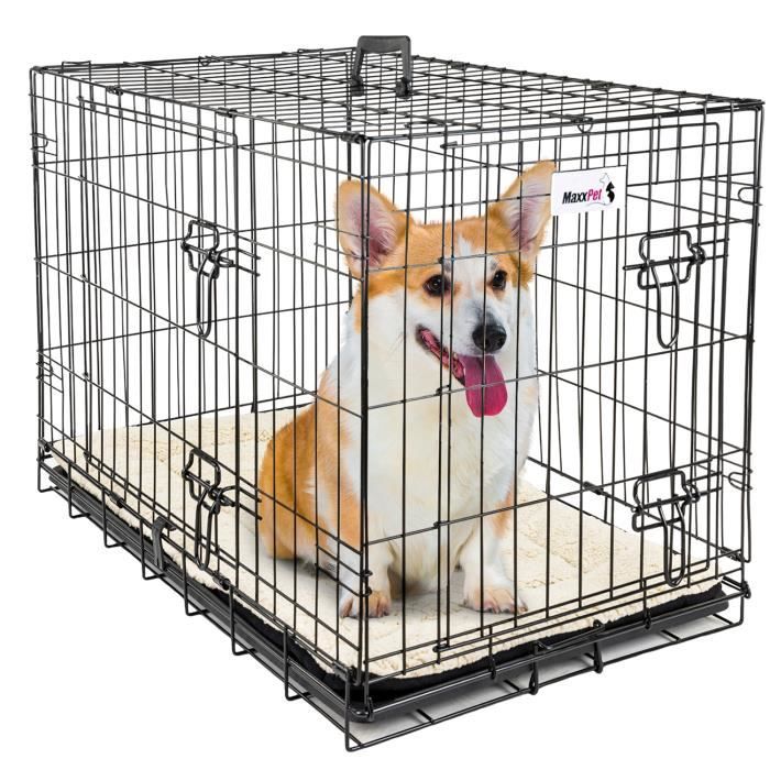 Meilleurs prix pour MaxxPet Cage pour Chien 91x57x64 cm - Avec Coussin - Avec poignée - Caisse de transport pliante - 2 Portes - Noir
