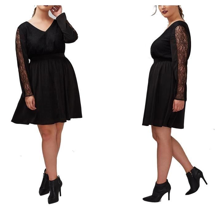 Noir Xl 4xl Robe Femme Courte Sexy Col V Double Ajoure Manche Longue Dentelle Transparent Base Evase A Line Princesse Grande Taille Noir Achat Vente Robe Cdiscount