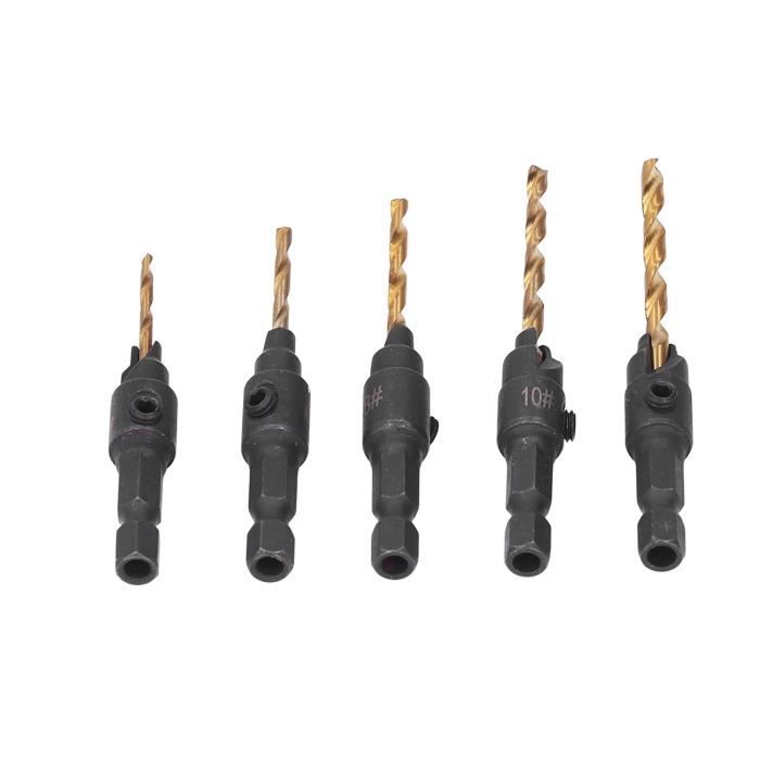 Mesee 5Pcs Forets Fraise à Chanfrein Tige Hexagonale 1/4 Pouce - Kit Mèches Hélicoïdales Bois HSS