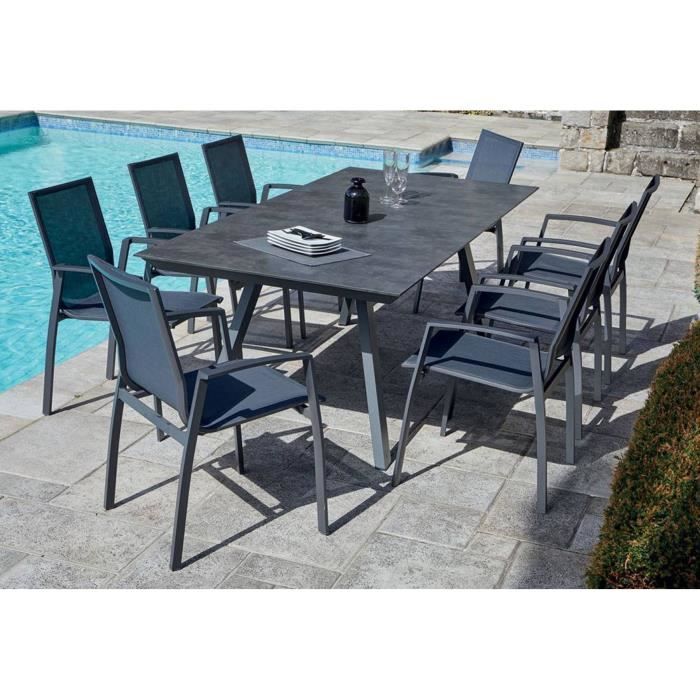 Table De Jardin 8 Fauteuils Empilables En Aluminium Gris