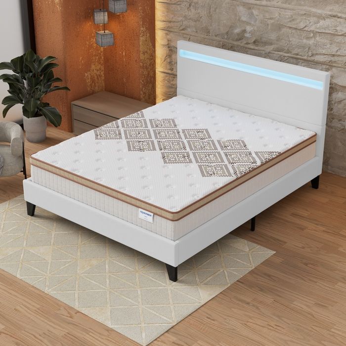 Ensemble MATELAS + LIT (160x200cm)- Errakis 28cm Ressorts ensachés & Mousse HDensité + Sommier stable & tête de lit LED Blanc