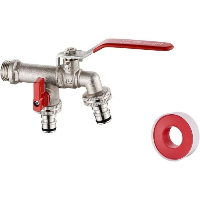 Robinet Double Sortie Laiton Pour Jardin Et Lave-linge - 1/2" Entrée, 2x 3/4" Sorties - Antigel -10°C, Haute Résistance