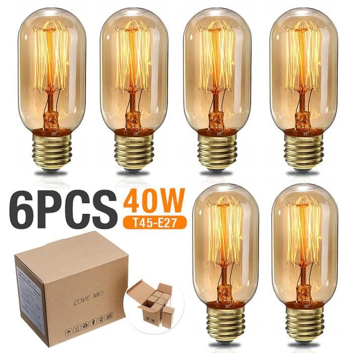 Lot de 6 ampoules vintage Edison 40 W E27 à filament en verre ambré T45 