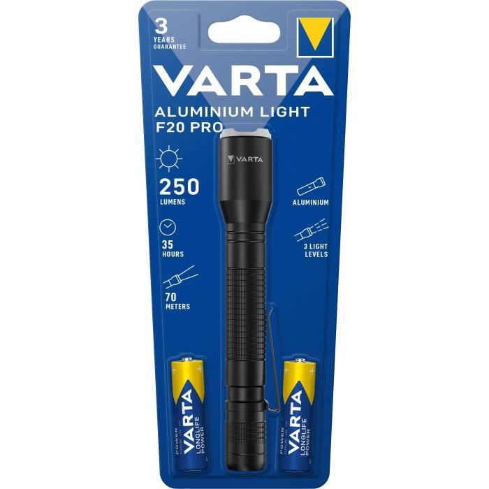 torche- varta-aluminium light f20 pro-250lm-led hautes performances-3 modes d'éclairage-clip poche-2 piles aa incluses