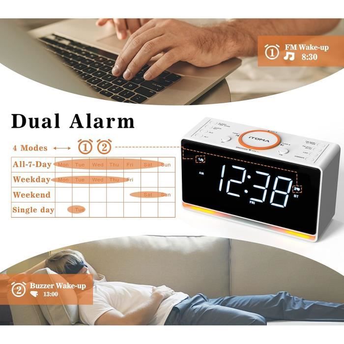iTOMA Réveil Radio avec contrôle d'APP, Bluetooth, Radio FM, Double réveil en 4 Modes d'alarme, Sieste Facile, Dimmer, lumière de Nuit Orange, 12/24 Heures et Port de Chargeur USB 208