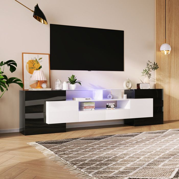 Meuble TV 180 × 35 × 30 cm avec éclairage LED orientable, 3 compartiments de rangement, fixation