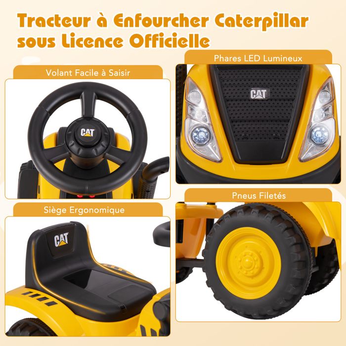 DREAMADE Tracteur Enfant Avec Remorque, Rateau Et Pelle – Klaxon, LED, Pour 18 Mois à 3 Ans – Officiel Caterpillar