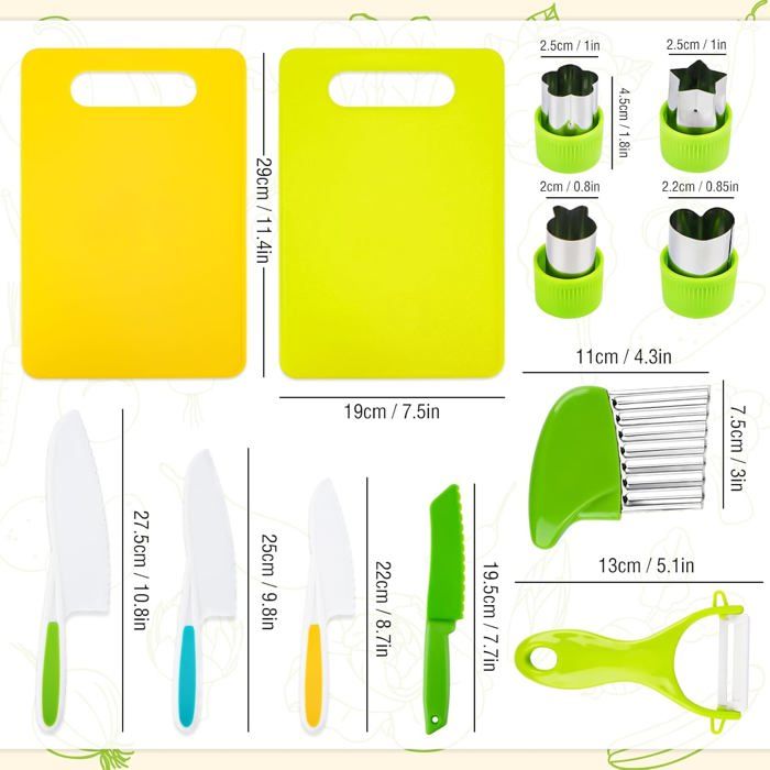 Couteaux pour enfants - Set de couteaux de cuisine de sécurité pour enfants de 17 pièces pour la vraie cuisine avec coupe-légumes, couteau en bois, planche à découper, etc. ONE SIZE
