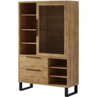 Vitrine MILO - Price Factory - Chêne et noir - 1 porte vitrée, 2 tiroirs, 7 niches - Style industriel