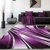 Tapis moderne design salon court fleuri abstrait vagues motif violet blanc [160x230 cm]