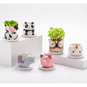 JARDINIÈRE - BAC A FLEUR Pots de Fleurs en Céramique avec Drainage et Soucoupe en Bois - Lot de 6 - Renard, Panda, Vache, Él