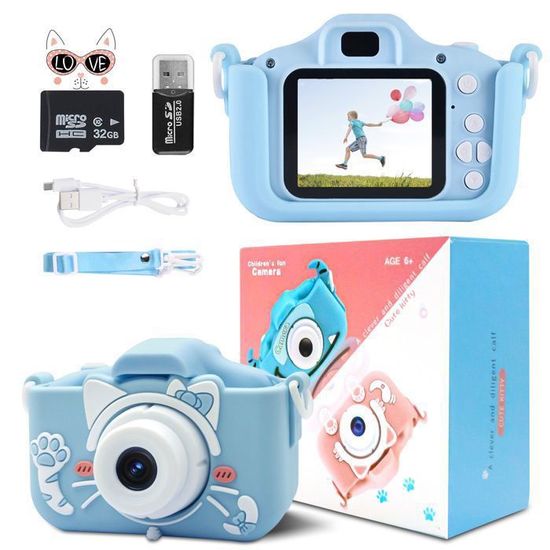 Appareil Photo Numérique Double Objectif Pour Enfants – HD 1080P, 32 Go SD, Vidéo, Jeux, Autocollants – Bleu Jeux éducatifs Intégrés