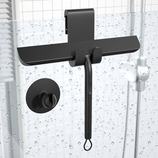 Raclette Douche Noire 28cm En Silicone - Pour Vitres, Miroirs Et Carrelage (Avec Support Et Crochet Adhésif)