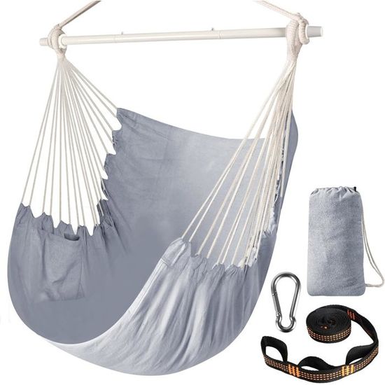Chaise Hamac Suspendue En Corde De Coton Tissée Main - Avec Barre Métal, Pompons, Pour Intérieur Et Extérieur