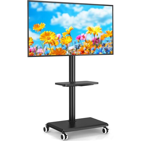 Support TV Mobile Sur Roulettes Pour Téléviseurs 40-85 Pouces - Capacité 60kg Avec Étagère Noyer