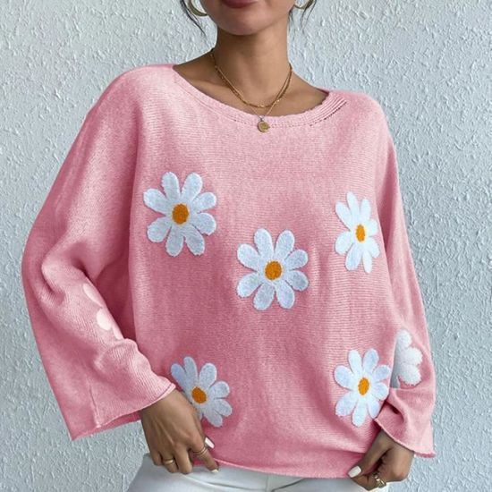 PULL EN MAILLE À FLEURS BRODÉES - Rose corail | France