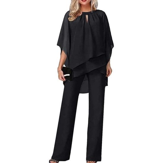 Ensemble Femme 2 Pièces Pantalon Costume Soirée - Tulle élégant Manches 3/4 Pour Cocktail Ou Mariage