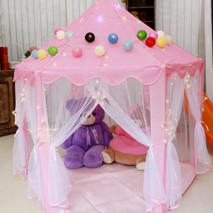 Φ140cm Tente Princesse Fille, Rose Tente de Jeu Enfant Intérieur Hexagone Château Palace Cabane de Princesse de Jeux pour Enfant(san